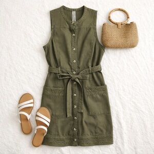 Anthropologie Utility Shirt Dress Tie Waist Size 2 Organic Cotton Patch Pocket